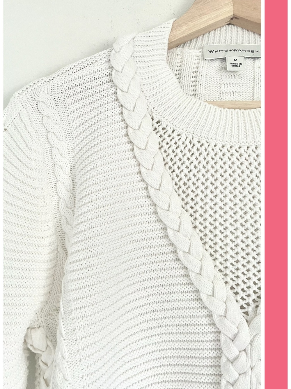 White + Warren Hand Braided Cable Knit Crew Neck Sweater Size M EUC